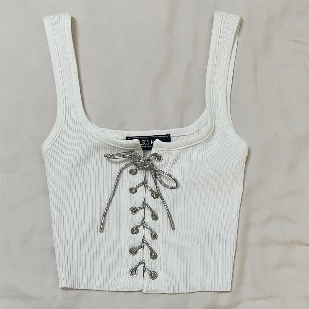 White Lace-Up Ribbed Tank Top